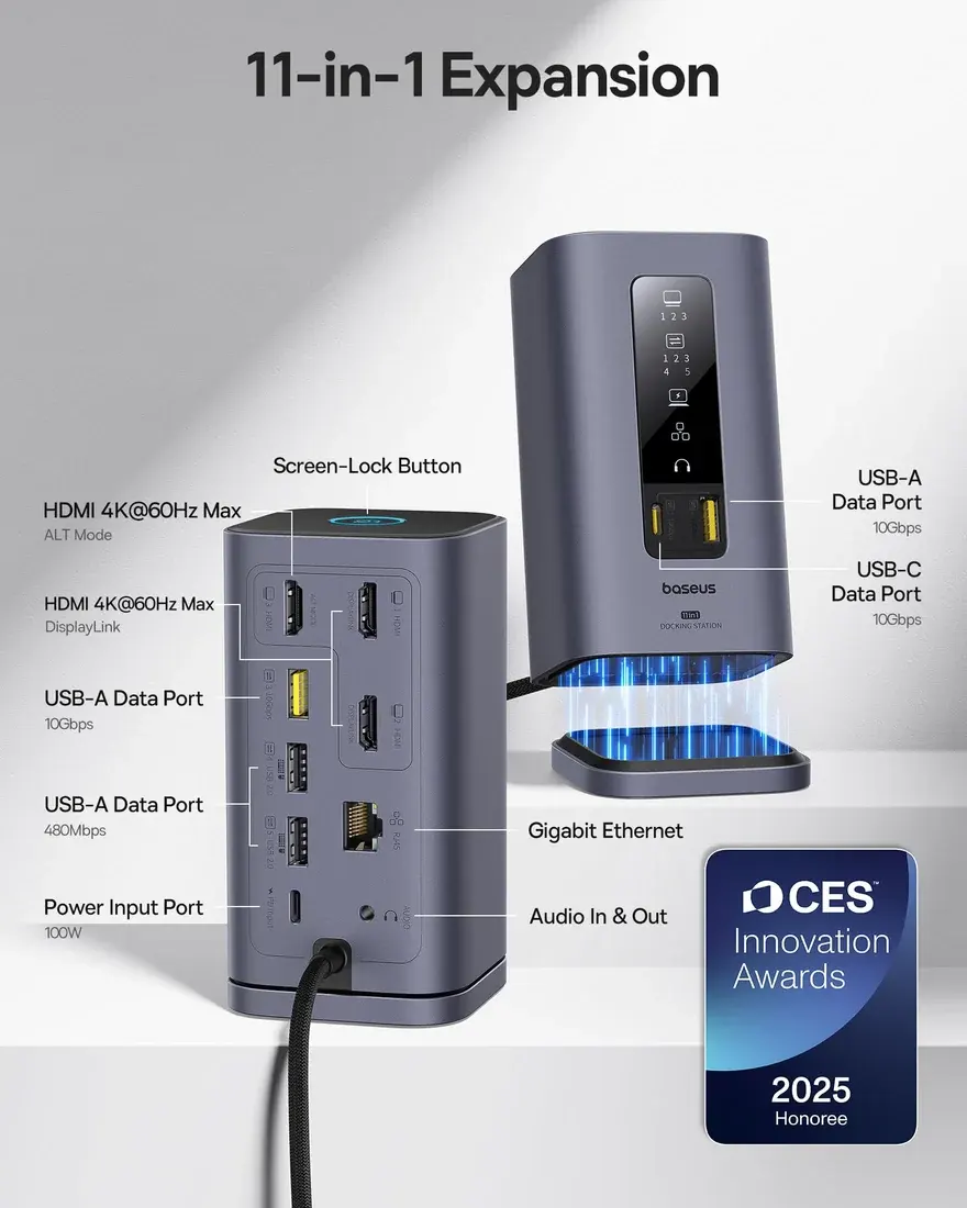 Baseus USB-C Hub 11-in-1 Docking Station HDMI VGA Ethernet — original accessories at NN Laptops, Hafeez Center Lahore Pakistan